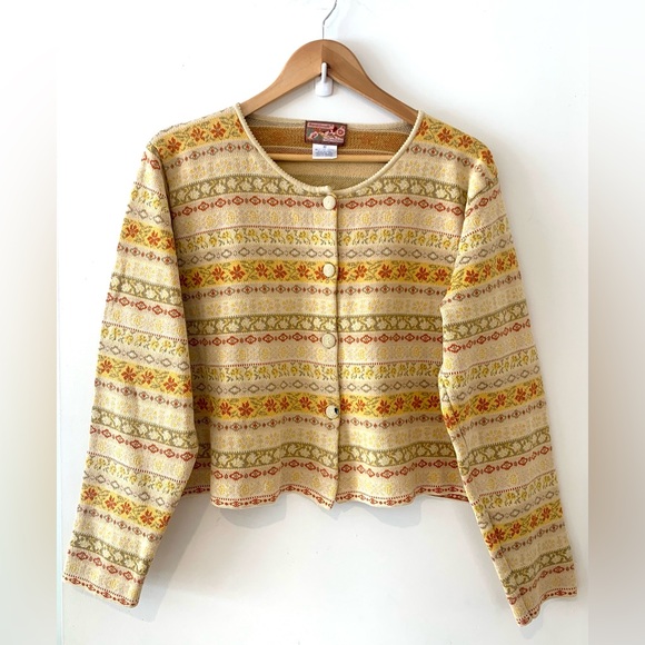April Cornell Sweaters - April Cornell Cream Yellow Olive Patterned Cropped Cardigan
